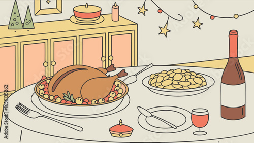 Festive thanksgiving dinner table with turkey wine potatoes and christmas decorations displayed nicely