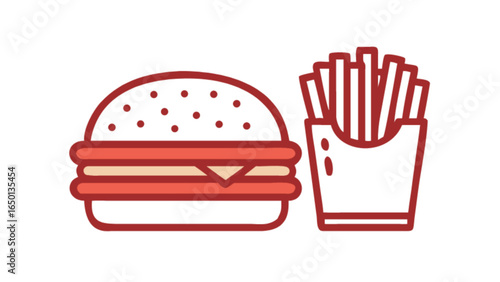 Illustration of a hamburger with sesame seeds and french fries in a white container outline in red