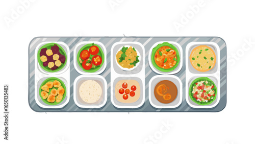 Overhead view of a metal tray containing ten small dishes with various colorful food items in compartments
