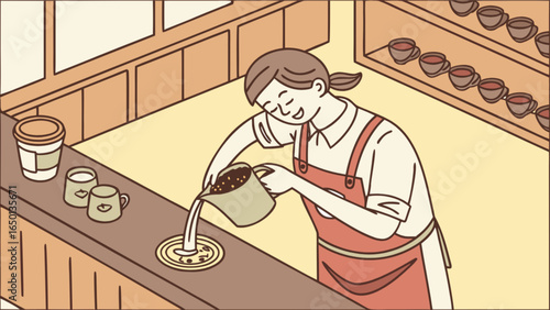 Woman barista pouring coffee grounds into a drain with mugs and cups on shelves in a coffee shop setting