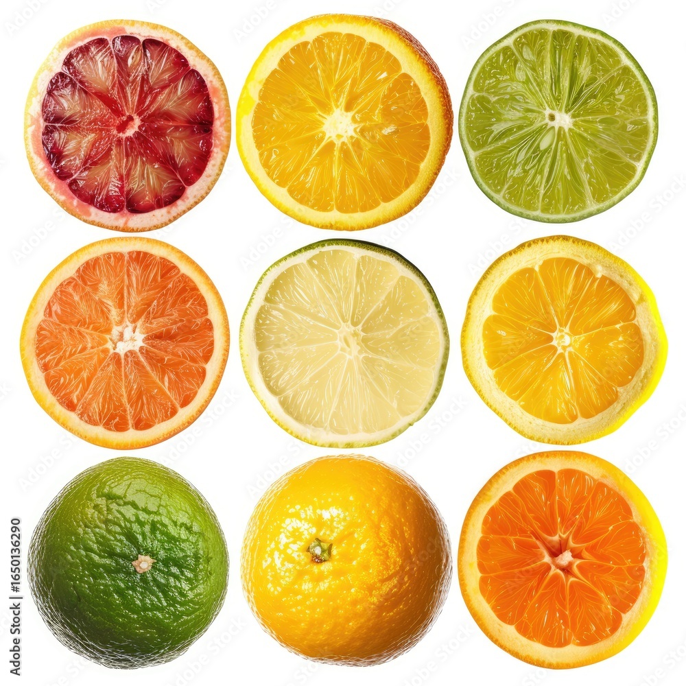Obraz premium Nine citrus fruit halves, arranged in a grid, showcasing various colors and textures