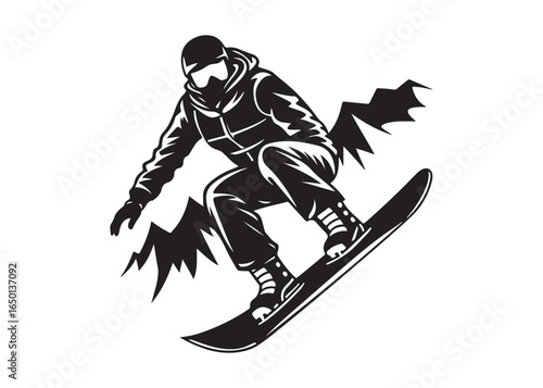 Snowboarder Silhouette Vector Illustration with Extreme Jumping Trick.