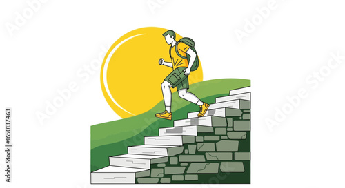 Active Hiker Descending Rocky Steps Under the Warm Sun Illustration