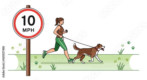 Active Woman Jogging With Her Dog Near A Ten Mile Per Hour Speed Sign