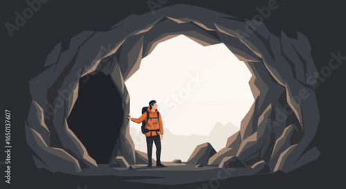 Adventurer Exploring Scenic Mountain Cave With Backpack On Outdoor Expedition