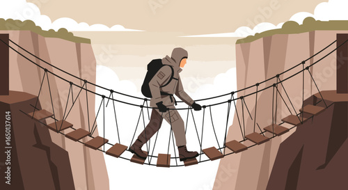 Adventurer Crossing Challenging Suspension Bridge With Backpack In Rocky Mountain Landscape