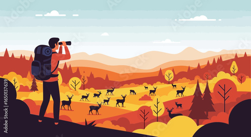 Adventurer Observes The Wildlife With Binoculars On A Vibrant Autumn Landscape