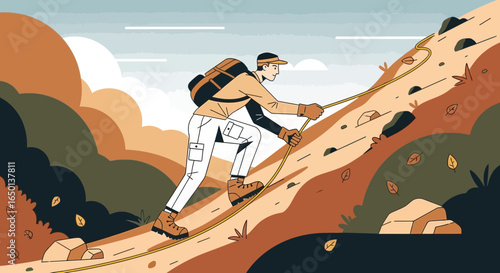 Adventurous Hiker Ascending A Steep Mountain Using Rope Illustration