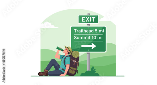 Adventurous Hiker Drinks Water Resting On The Trail Near A Signpost