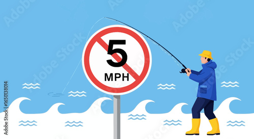 Angler Casts Line Near Waterway Speed Restriction Marker In Serene Cartoon Scene