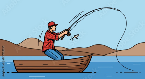 Angler Catches Fish On The Lake From Rowboat During Holiday Time