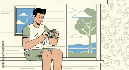 Angler Maintains Fishing Reel By Seaside Window In Relaxing Interior Setting