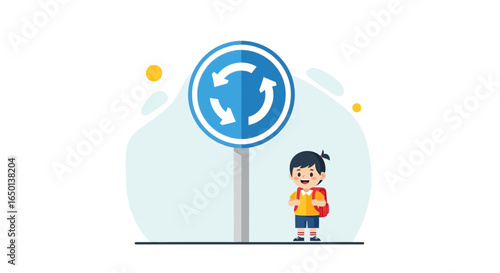 Animated Schoolboy Beside Roundabout Sign on Light Backdrop Isolated on White