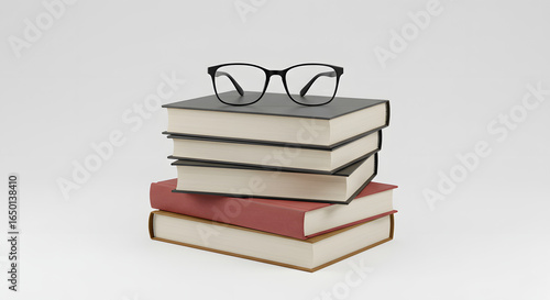 Pilha de livros com óculos de leitura