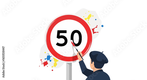 Artistic Interpretation Of Speed Limit Sign With Colorful Paint Splatters