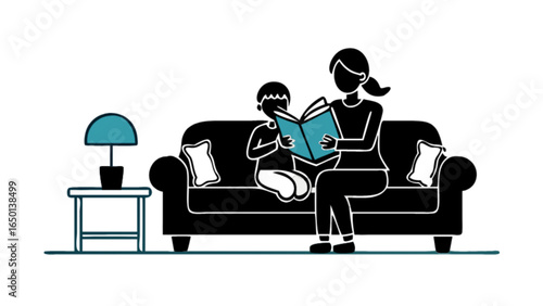 A mother and child reading a book together while sitting on a couch in a living room setting indoors