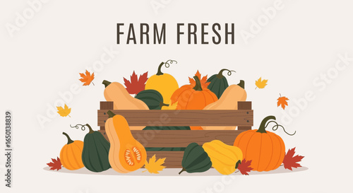 Autumnal Abundance Display Of Farm Fresh Pumpkins And Gourds In Wooden Crate