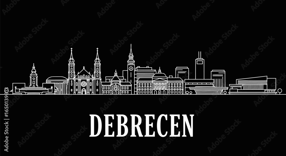 Obraz premium Debrecen Skyline White Line Art with Black BG.