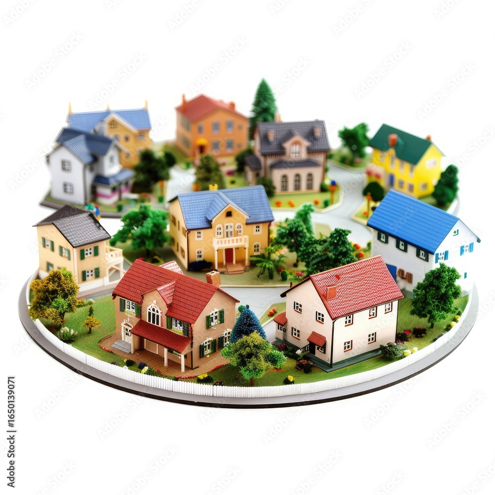 Obraz premium Miniature model of a residential neighborhood. Colorful houses, trees, and roads on a circular base