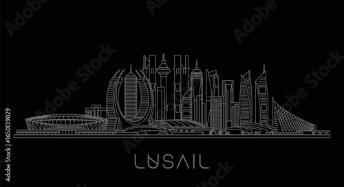 Lusail Qatar Skyline with Vector Outline, and Black.