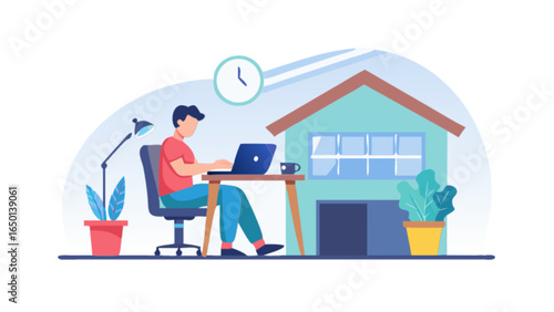 Illustration of a man working from home on a laptop with plants and a clock in the background scene