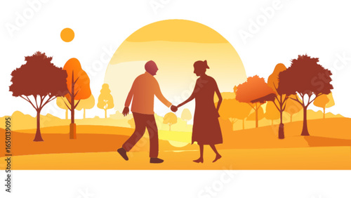 Silhouette of elderly couple holding hands walking in a park with trees and a sunset background design