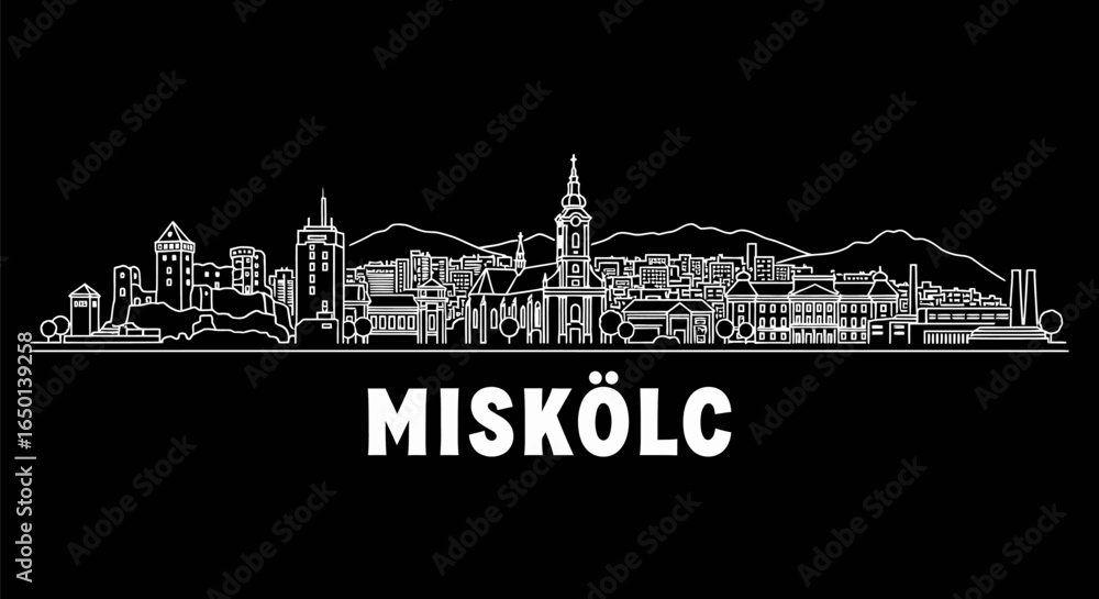 Obraz premium Miskolc skyline with Hungary, and white line drawing.