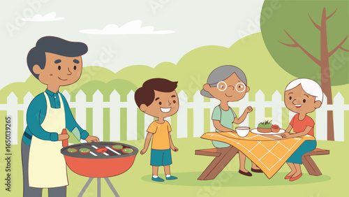 Family enjoying a barbecue in the backyard with a grill, picnic table, and white picket fence scene