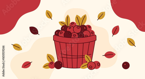 Autumnal Harvest Delight Fresh Cranberries In Wicker Basket With Falling Leaves