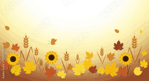 Autumnal Harvest With Sunflowers And Falling Foliage On Brown Background