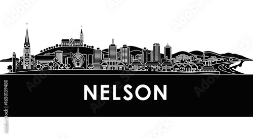 Nelson skyline with New Zealand, and silhouette vector.