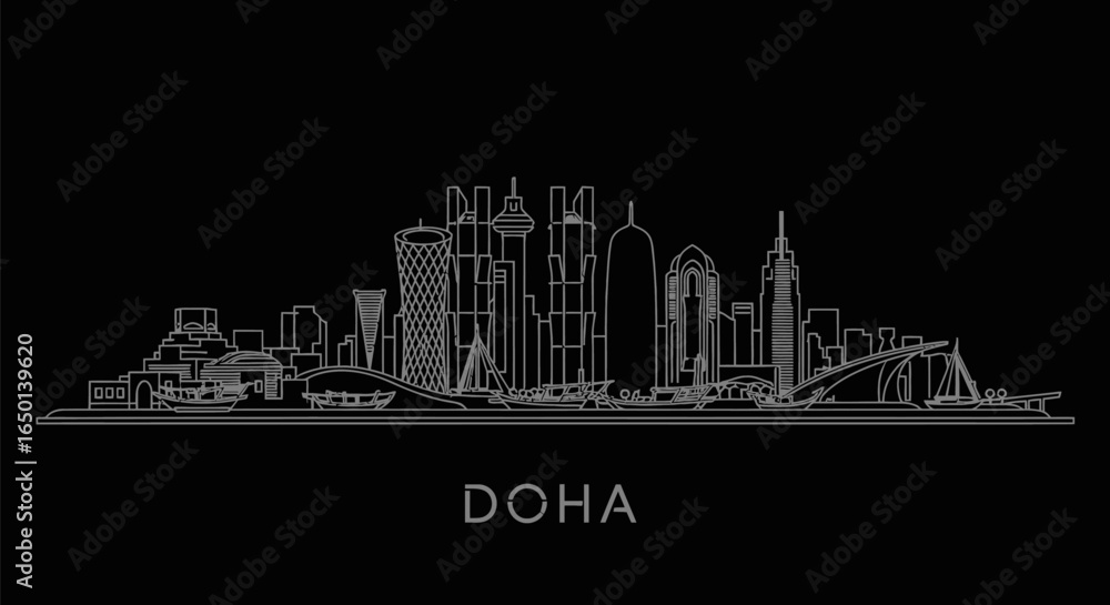 Fototapeta premium Doha with Qatar Skyline Vector, and Dark Background.