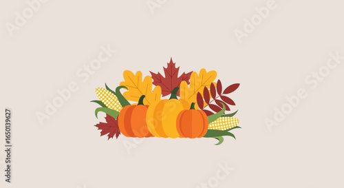 Autumnal Still Life Featuring Pumpkins Corn and Maple Leaves Celebration