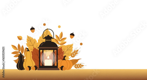 Autumnal Still Life With Lantern Pumpkins And Foliage For Thanksgiving
