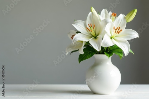 Classic white vase, pristine white lilies and roses , flowers, luxury