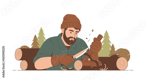 Bearded Craftsman Whittling Wood Outdoors In Nature Illustration For Business Design