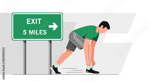 Before The Challenge A Young Man Tying His Shoelaces Near Road Sign
