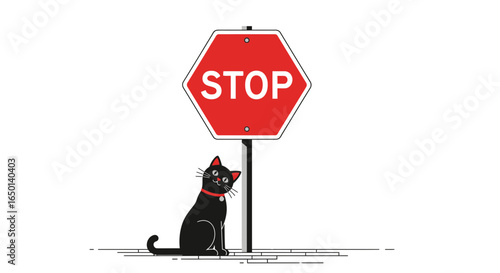 Black Cat Sitting Beside A Red Stop Sign Illustration On White Background