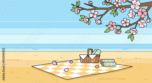 Blooming Cherry Blossoms Creates a Relaxing Cartoon Beach Picnic Scene