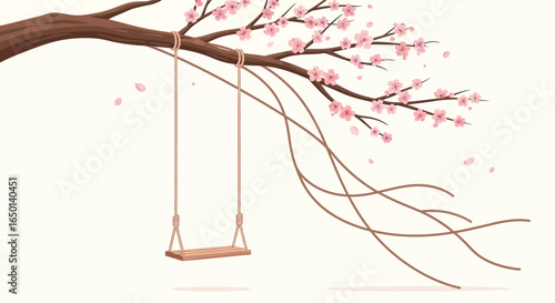 Blooming Cherry Tree With Hanging Swing Bringing Joyful Spring Scenery