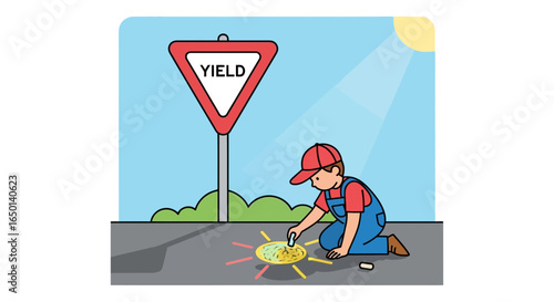 Boy Drawing With Chalk Next to Yield Road Sign Under Sunlight Outdoors
