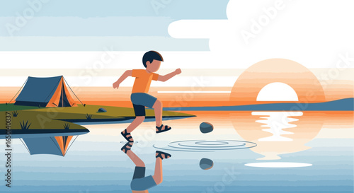 Boy Enjoying Lakeside Summer Adventure During Sunset at Camping Illustration