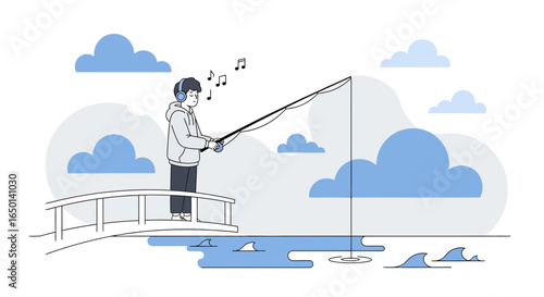 Boy Fishing While Listening To Music On Headphones Enjoying The Scenery