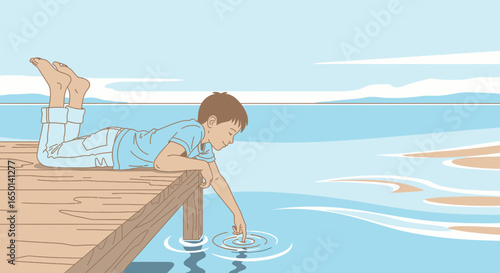 Boy Lying on Dockside Creates Ripples in Water During Summer Season