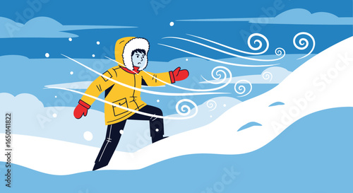 Brave Winter Trek Facing Harsh Winds And Snow Cold Weather Challenge