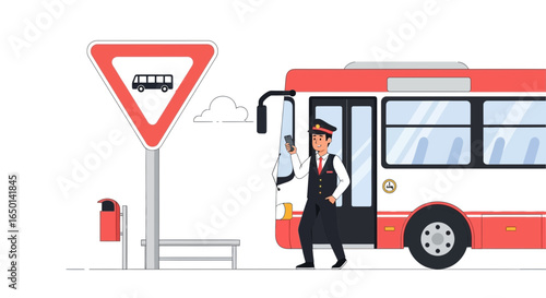 Bus Driver Checking His Phone At The Bus Stop On A Break