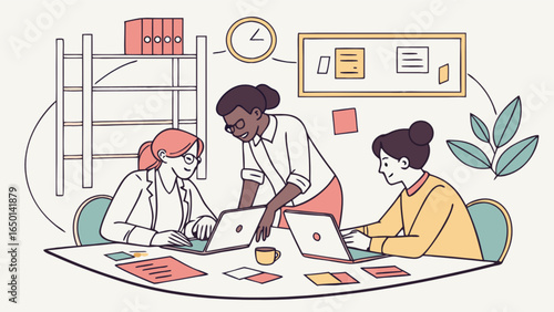 Three women collaborating on laptops at a desk in an office with a bookshelf and bulletin board visible