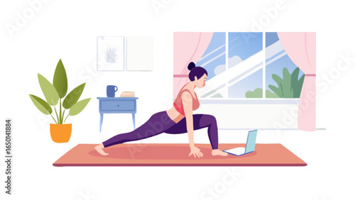 Woman in yoga pose on mat with laptop in bright room with plant and window view in background