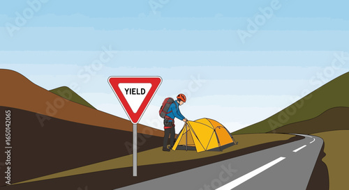 Camping Adventure On A Road Trip: A Hiker Sets Up Camp Next To A Yield Sign