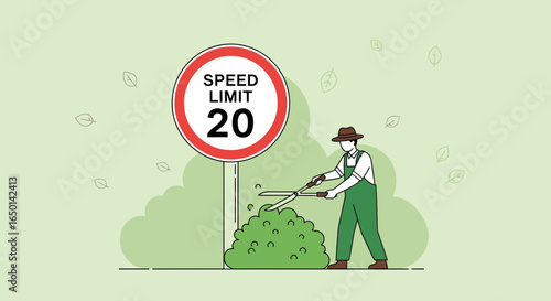Careful Landscaping Man Trimming Bushes Next To Speed Limit Sign